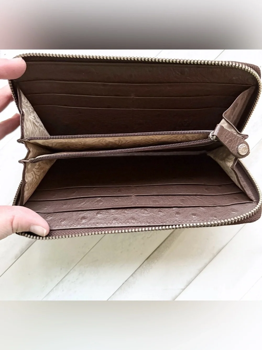 Anne Klein Genuine Ostrich Leather Zip Around Continental Wallet Brown 8